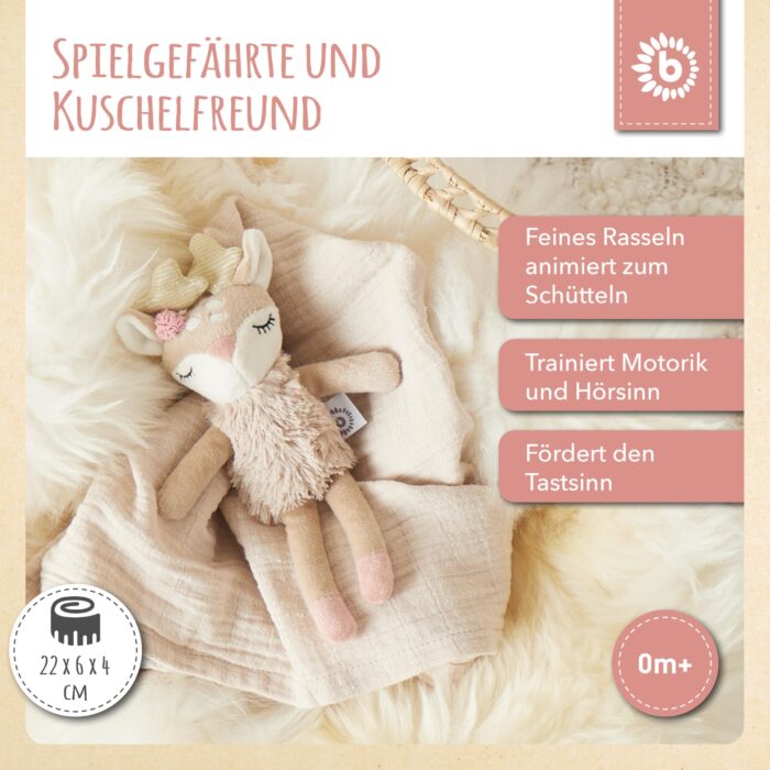 Bieco Kuscheltier Reh Ella mit Rassel | Baby Kuscheltier ab 0 Monate Stofftier Baby Plüschtier rentier – Bild 7